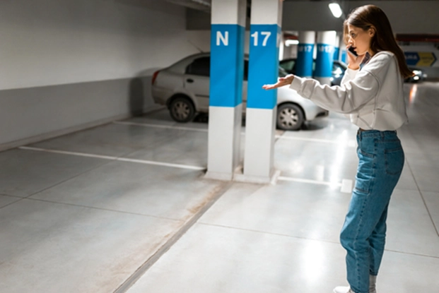 A girl on her phone in a underground parking lot looking for her car