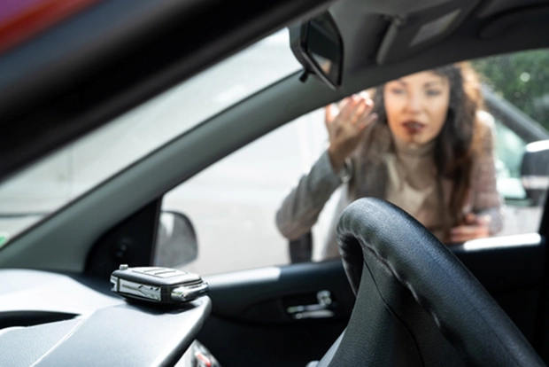 car key inside a vehicle and a girl looking at it