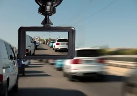 dashcam installed on a car pointing at the road