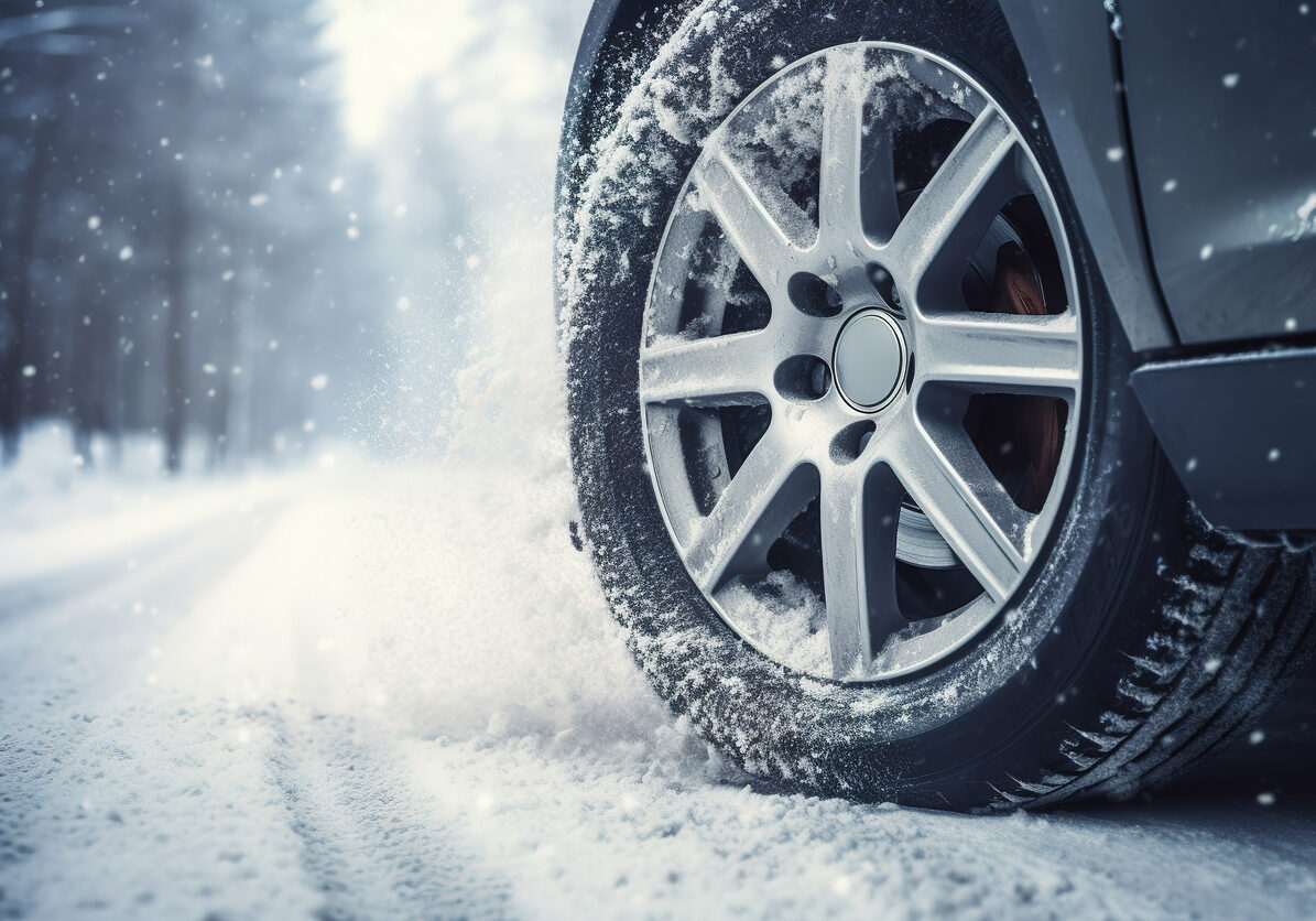 Car on winter tires drives through a snow-covered road. Seasonal change of tires from summer to winter